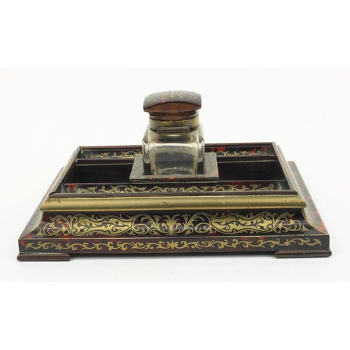 64 - Aspreys of London Victorian rosewood tortoiseshell boulle work pen stand with cut glass bottle, 24cm... 