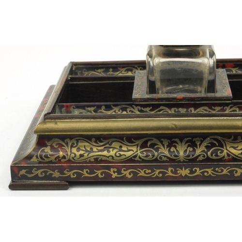 64 - Aspreys of London Victorian rosewood tortoiseshell boulle work pen stand with cut glass bottle, 24cm... 