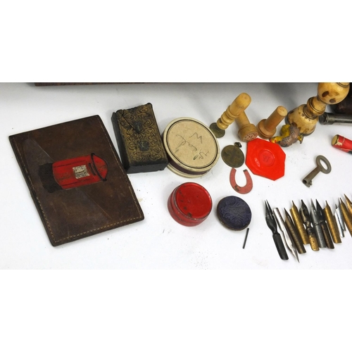 69 - Edwardian brass bound stationery box fitted with two cut glass ink bottles and an assortment of stat... 