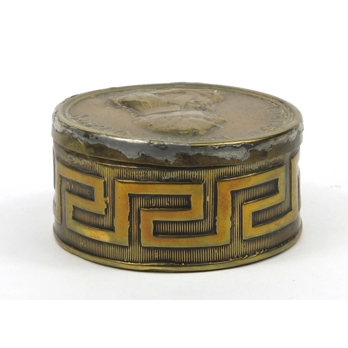 118 - Victorian brass micromosaic box, brass green marble abacus and a circular Lord Nelson brass tobacco ... 