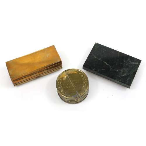 118 - Victorian brass micromosaic box, brass green marble abacus and a circular Lord Nelson brass tobacco ... 