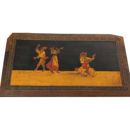 53 - Continental wooden book shaped casket inlaid with dancers, together with a similar box inlaid with d... 