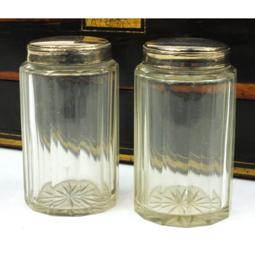 209 - Victorian coromandel jewellery/toilet box with cut glass bottles, 31cm diameter