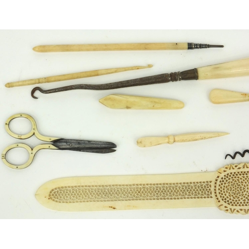 28 - Bone corkscrews, buttonhooks, scissors and a pierced bone letter opener, Samuel Mordan propelling pe... 