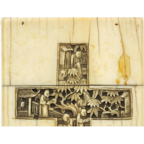 615 - Oriental Chinese ivory card case carved with panels of figures, 9.5cm x 5.5cm