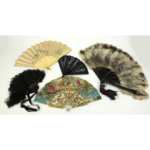 163 - Selection of fans including a mother of pearl example, some in boxes, the largest 40cm long