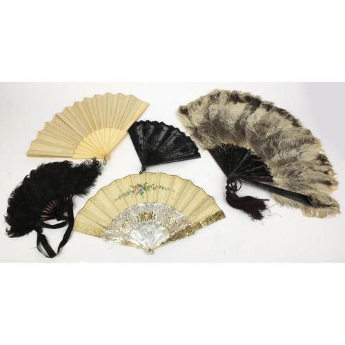 163 - Selection of fans including a mother of pearl example, some in boxes, the largest 40cm long