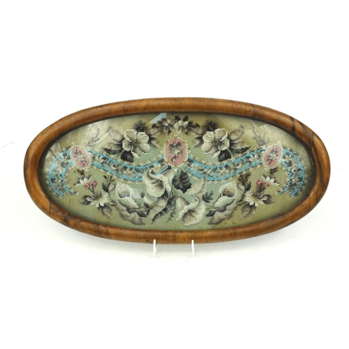 152 - Victorian inlaid mahogany floral beadwork glass stand, 60cm diameter