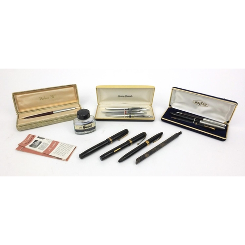 81 - Selection of assorted fountain pens including boxed Parker and a bottle of Parker Super Quink