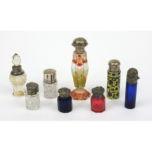 215 - Selection of silver topped cut glass scent bottles including Bristol Blue examples and a floral stai... 