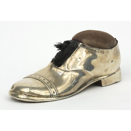 151 - Novelty silver pin cushion in the form of a shoe, S.B&S Ltd Birmingham 1913, 12.5cm long