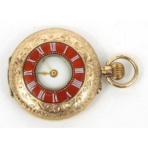 1299 - Lady's 9ct gold and enamelled pocket watch with floral chased decoration, 3cm diameter, approximate ... 