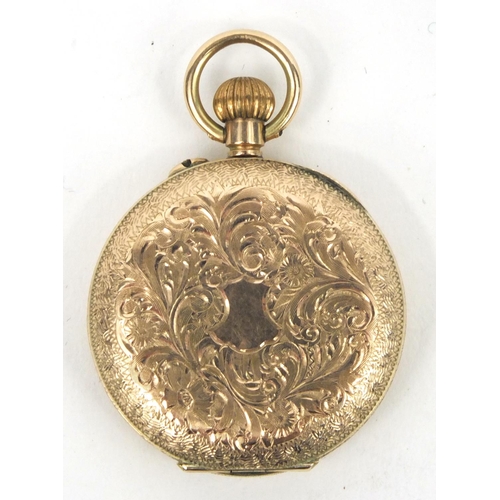 1299 - Lady's 9ct gold and enamelled pocket watch with floral chased decoration, 3cm diameter, approximate ... 