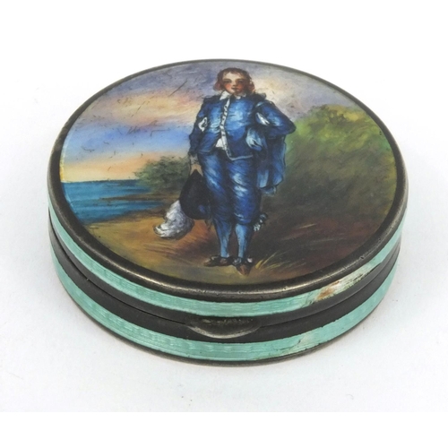 198 - Circular silver pill box enamelled with a figure of a cavalier with feather hat, stamped '925' to th... 