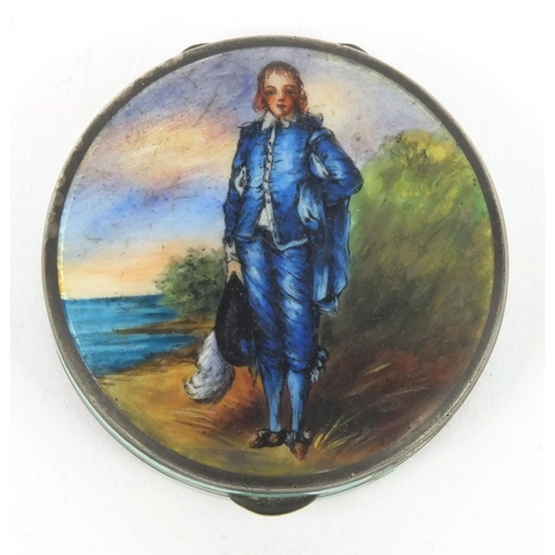 198 - Circular silver pill box enamelled with a figure of a cavalier with feather hat, stamped '925' to th... 