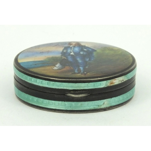 198 - Circular silver pill box enamelled with a figure of a cavalier with feather hat, stamped '925' to th... 