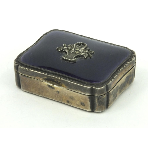 197 - Rectangular silver compact with purple enamel marcasite lid, stamped '925' to the interior, 4cm long