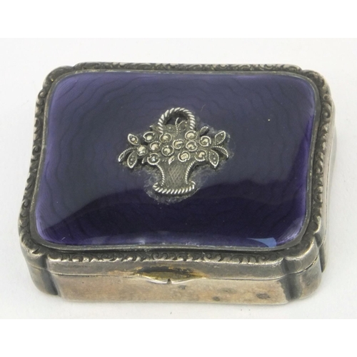 197 - Rectangular silver compact with purple enamel marcasite lid, stamped '925' to the interior, 4cm long