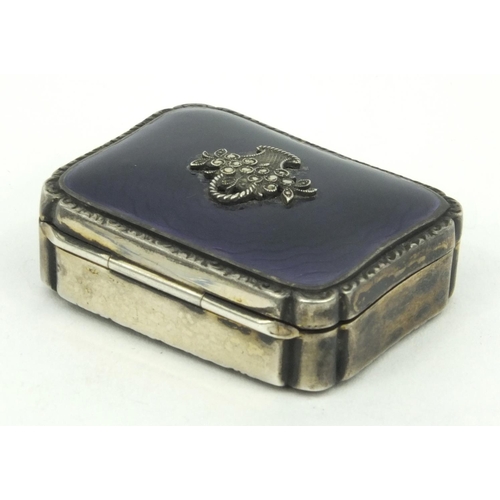 197 - Rectangular silver compact with purple enamel marcasite lid, stamped '925' to the interior, 4cm long