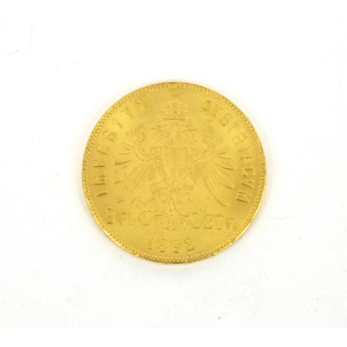 298 - Austrian Imperium Austriacum 1892 20fr gold coin