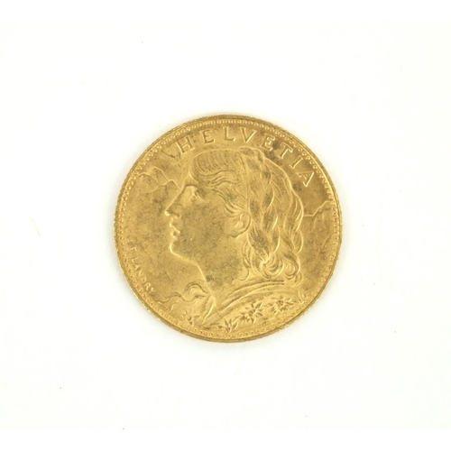 294 - Helvetia 10fr 1922 gold coin