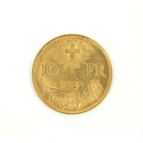 294 - Helvetia 10fr 1922 gold coin