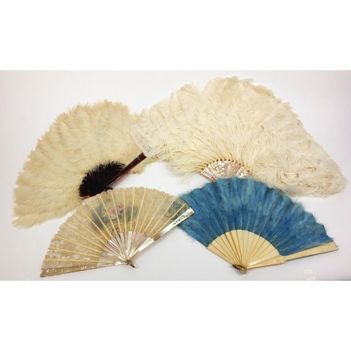 164 - Selection of lady's fans including ostrich fan, mother of pearl and a boxed hand painted mother of p... 