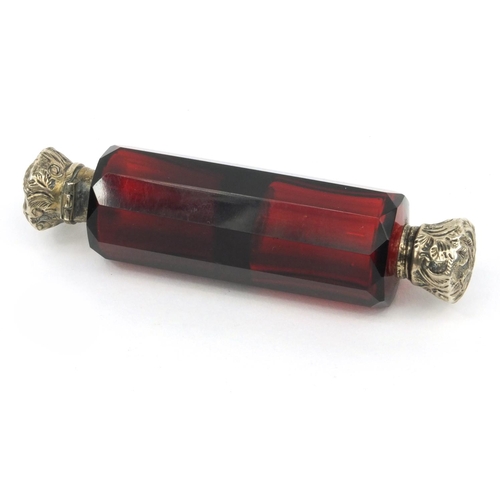 214 - Victorian ruby unmarked silver topped double ended glass scent bottle, 10cm diameter