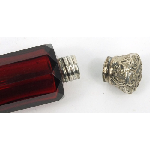 214 - Victorian ruby unmarked silver topped double ended glass scent bottle, 10cm diameter