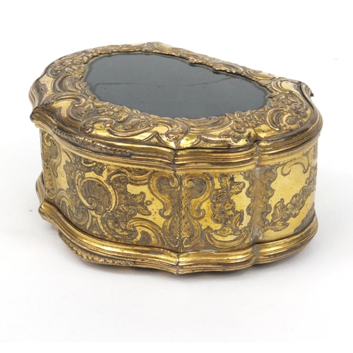 196 - Victorian gilt metal and hardstone double snuff box with floral chased decoration, 6cm diameter