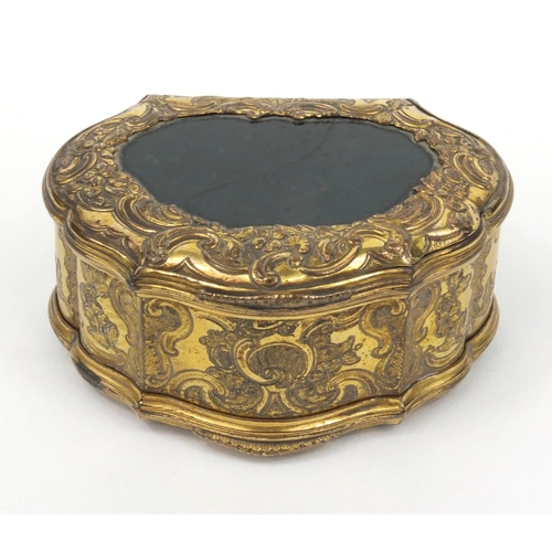 196 - Victorian gilt metal and hardstone double snuff box with floral chased decoration, 6cm diameter