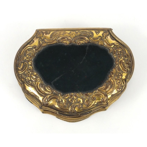 196 - Victorian gilt metal and hardstone double snuff box with floral chased decoration, 6cm diameter