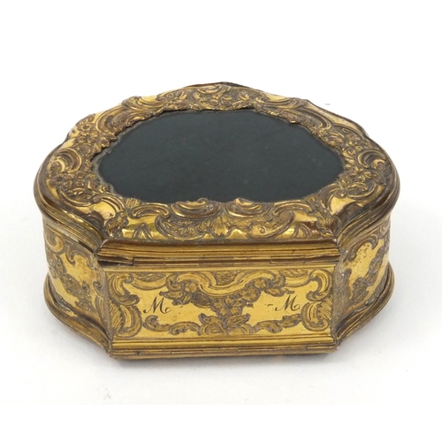 196 - Victorian gilt metal and hardstone double snuff box with floral chased decoration, 6cm diameter