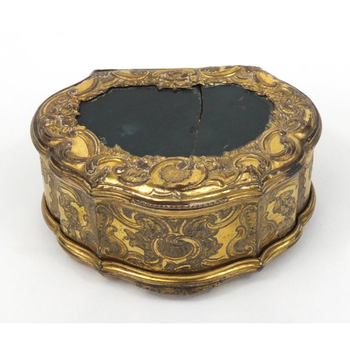 196 - Victorian gilt metal and hardstone double snuff box with floral chased decoration, 6cm diameter