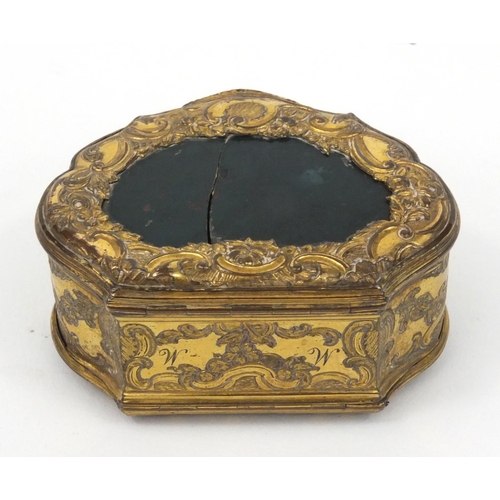 196 - Victorian gilt metal and hardstone double snuff box with floral chased decoration, 6cm diameter