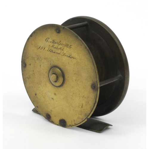 230 - Brass fishing reel, C. Farlow 191 Strand, London, 9cm diameter