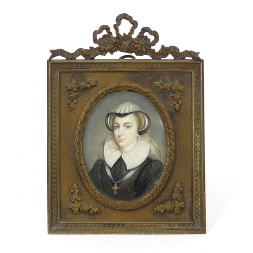 217 - Miniature watercolour portrait of a Continental lady, mounted in an Edwardian brass bow design frame... 