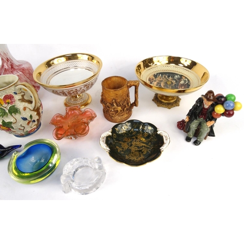 466 - Box of assorted china and glass including ornate fruit bowls, Royal Doulton balloon seller, Wedgwood... 