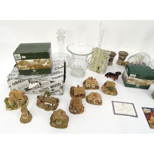 525 - Box of china and glass including decanters, Dartington items, Lilliput Lane cottages, ship-in-a-bott... 