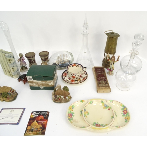 525 - Box of china and glass including decanters, Dartington items, Lilliput Lane cottages, ship-in-a-bott... 