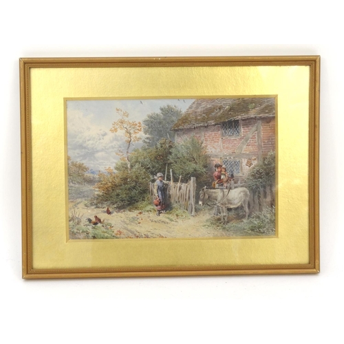 546 - Birkett Foster - Watercolour view of figures, donkey and chickens before a cottage, mounted and fram... 