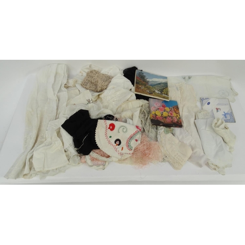 488 - Box of vintage and later linen and lace, christening gowns, etc