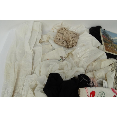 488 - Box of vintage and later linen and lace, christening gowns, etc