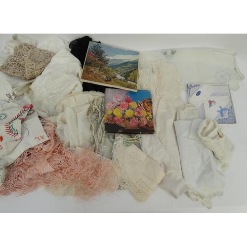 488 - Box of vintage and later linen and lace, christening gowns, etc