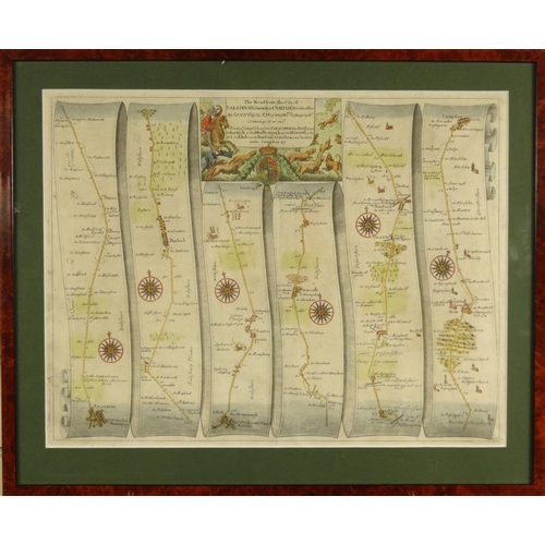 277 - Framed antique hand coloured map of the road from the city of Salisbury, hand coloured map of London... 