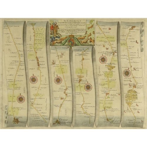 277 - Framed antique hand coloured map of the road from the city of Salisbury, hand coloured map of London... 