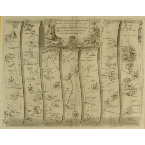 277 - Framed antique hand coloured map of the road from the city of Salisbury, hand coloured map of London... 