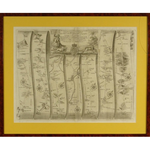 277 - Framed antique hand coloured map of the road from the city of Salisbury, hand coloured map of London... 