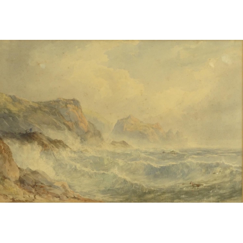 1341 - J. Philp - Watercolour titled 'Cornish Sea Coast', signed and dated 1858, mounted and framed, 41cm x... 