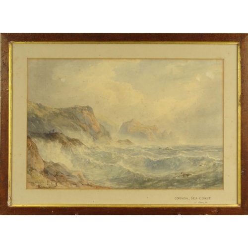 1341 - J. Philp - Watercolour titled 'Cornish Sea Coast', signed and dated 1858, mounted and framed, 41cm x... 